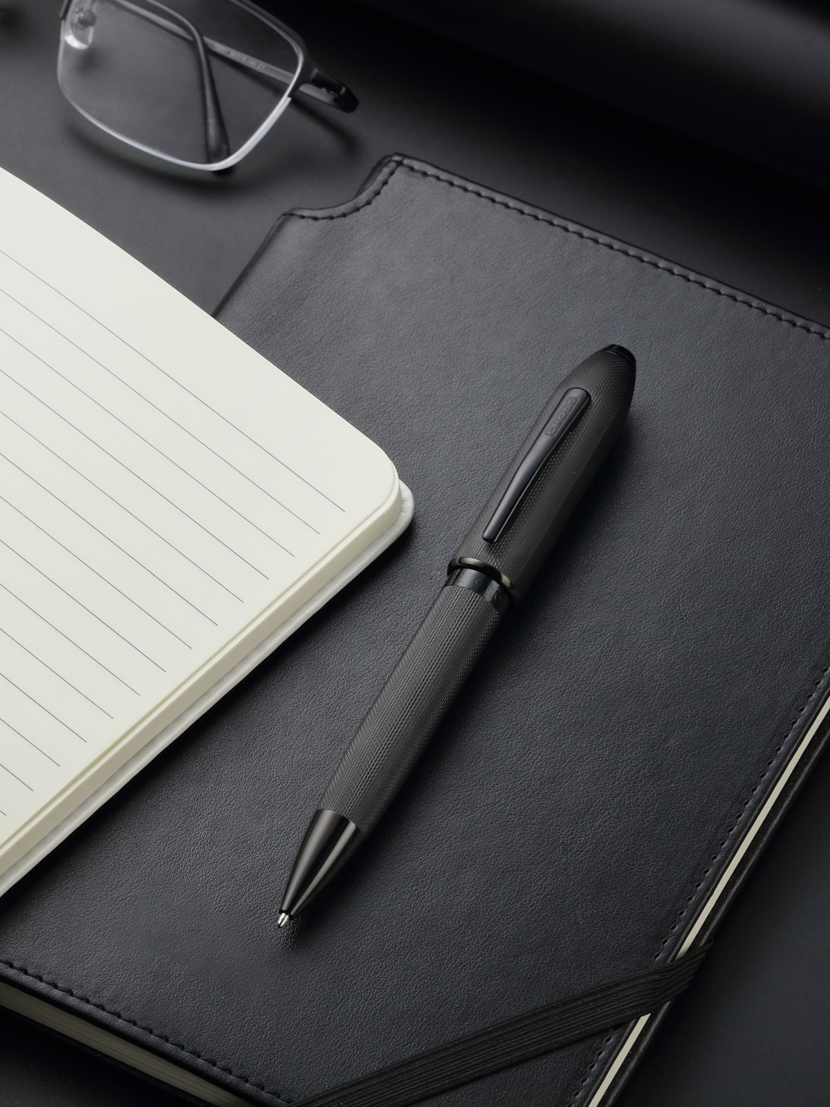 Peerless™ Polished Black PVD Engraved Diamond Pattern with Black PVD Appointments and Swarovski Crystal Ballpoint Pen