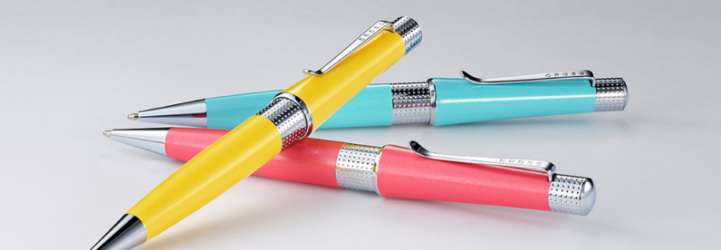 Cross Beverly ballpoint pens in pink, turquoise and yellow.