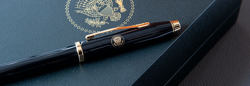 Century II Black Lacquer Pen with gold-plated appointments, featuring the Presidential Seal engraved on the pen cap.