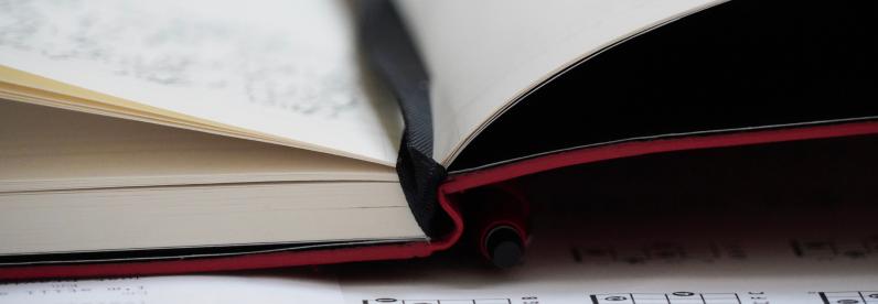 Open Crimson Journal with ribbon page marker visible.