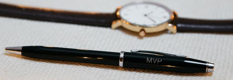 Century II Black Lacquer Ballpoint Pen with chrome appointments engraved with “MVP.”