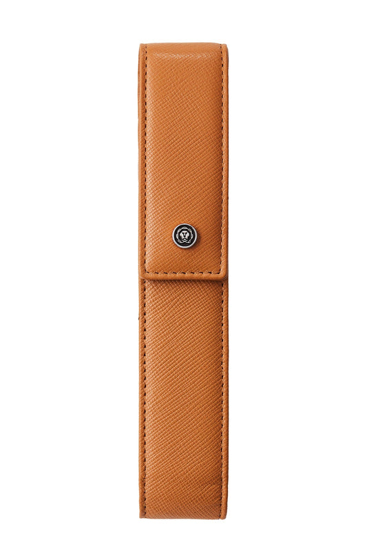 Brown leather pen case with a button on a white background